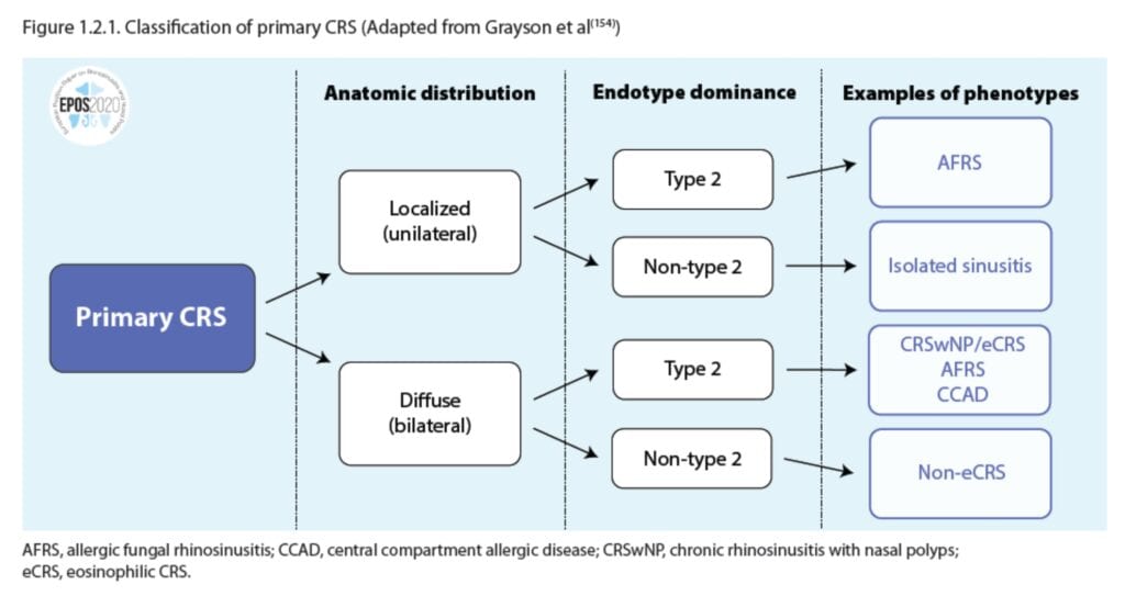 Primary chronic rhinosinusitis classification showing localized versus diffuse disease and type-2 versus non-type-2 inflammatory endotypes.